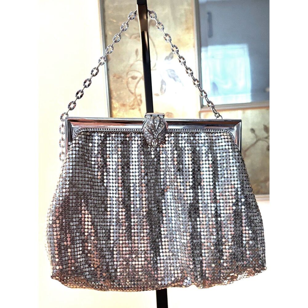 Vtg Whiting & Davis Silver Metal Mesh 2983 Rhinestone Clasp Evening Bag